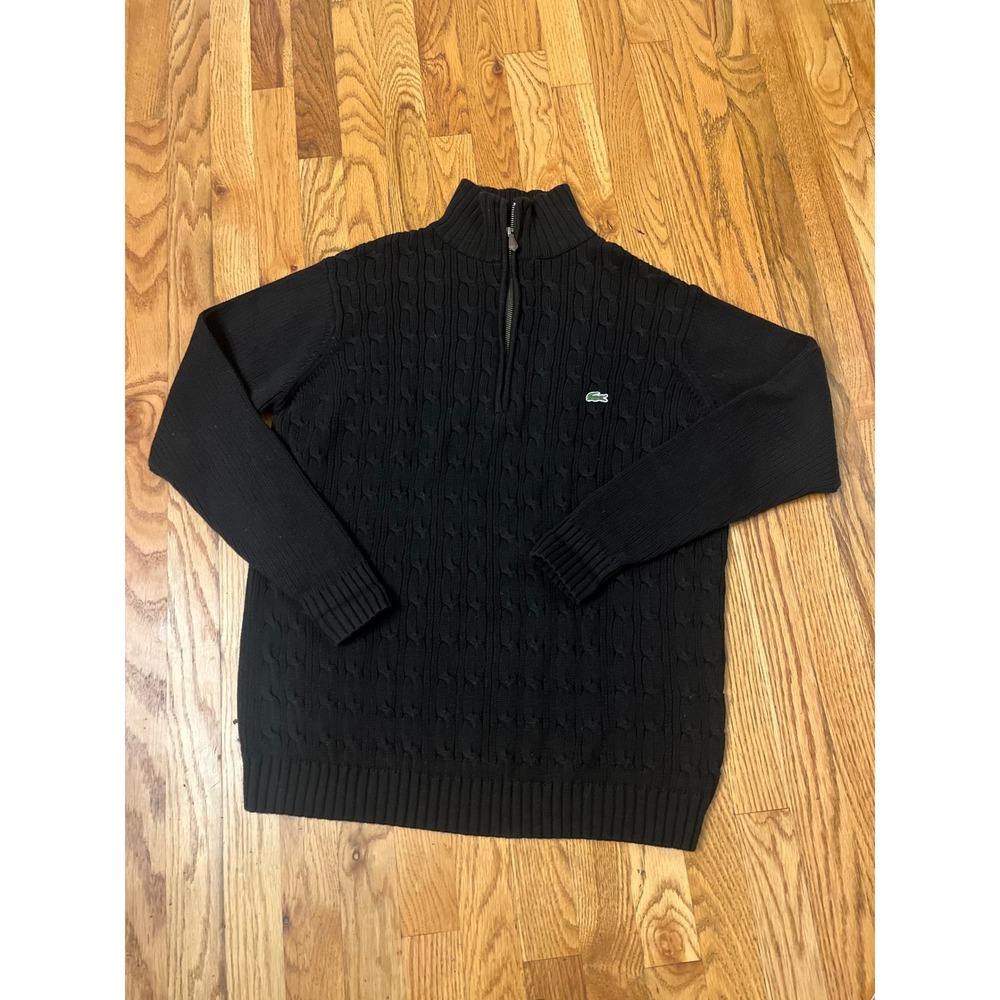 Lacoste Mens Black Cable Knit Quarter Zip Sweater Cotton Wool Blend Size 5 Large